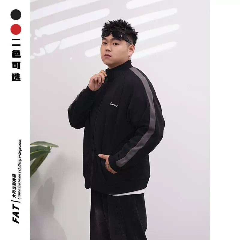 大码运动休闲立领外套男加肥加大宽松痞帅街头新年红装夹克F2157