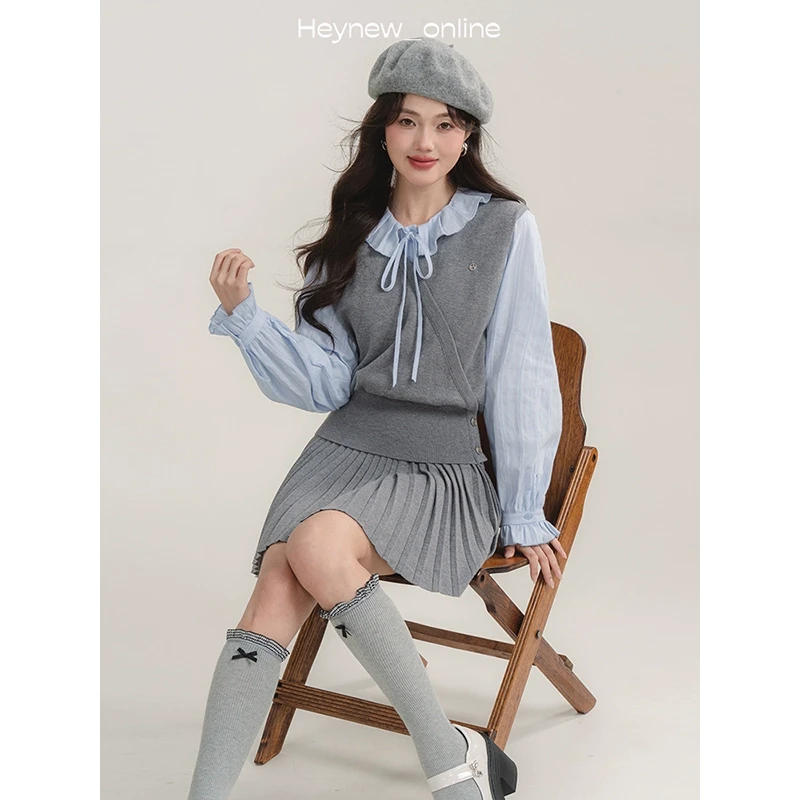 【年底宠粉福利】甜美减龄灰色马甲衬衫套装女2024秋学院风-4Q883
