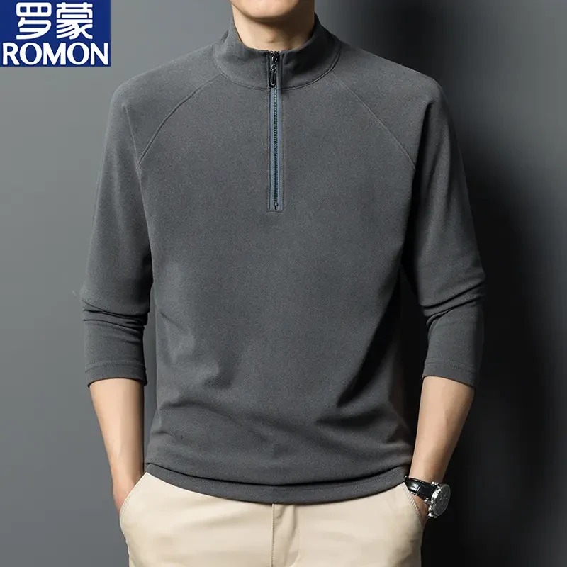 罗蒙2025春秋季男士长袖t恤德绒纯色立领男装半高领拉链打底衫T恤