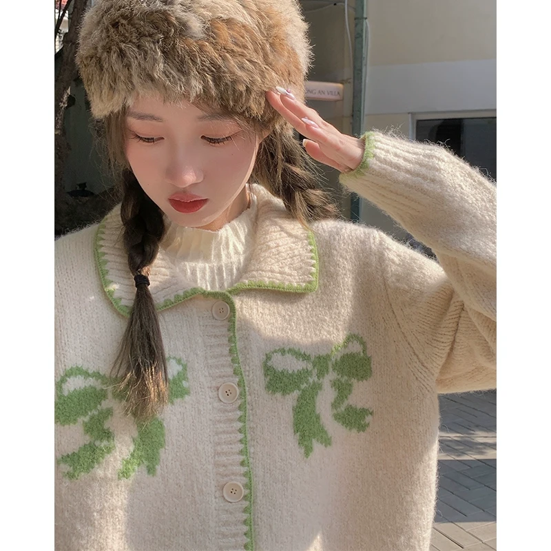 罐头士多所 毛衣新款2023爆款短外套绿蝴蝶结针织开衫外套