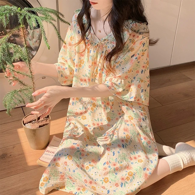 睡裙女夏季卡通可爱短袖梭织棉甜美睡衣夏天女士碎花家居服春秋款