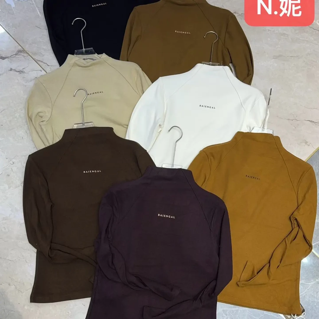 纯色带字母长袖打底T恤半高领圆领秋冬