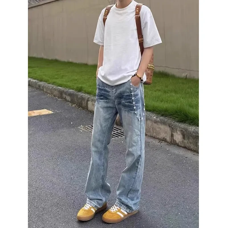 美式高街蓝色闪电裂纹牛仔裤男款夏季vibe裤子cleanfit直筒微喇裤