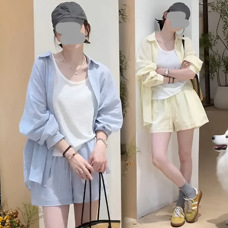 2025夏季新款洋气薄款显瘦背心防晒衬衫外套女高腰松紧短裤三件套