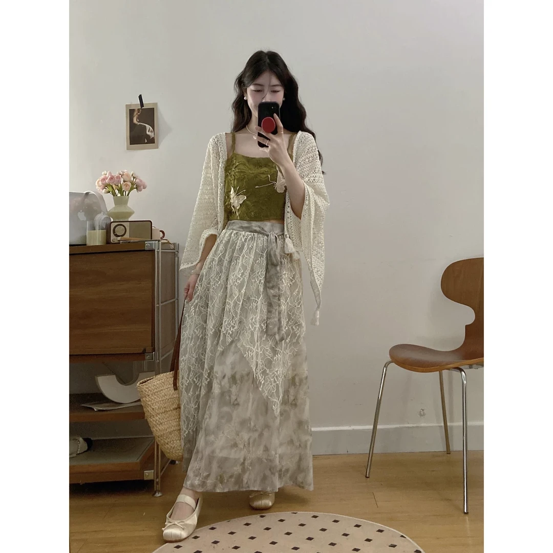 YB大码胖蝴蝶吊带背心气质系带印花半裙镂空开衫上衣女夏季三件套