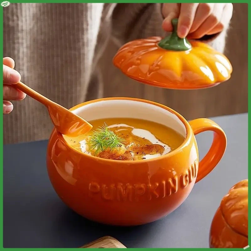 创意卡通南瓜杯马克杯带盖陶瓷牛奶燕麦杯泡面碗麦片碗蒸蛋碗D965