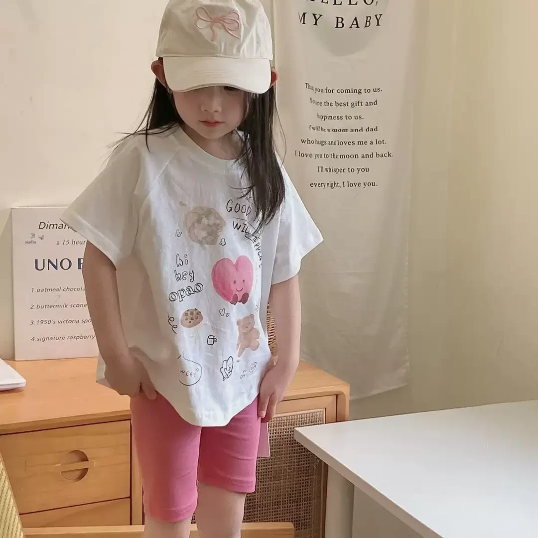 女童短袖T恤2025夏装新款女宝卡通印花半袖上衣骑行短裤套装Z028
