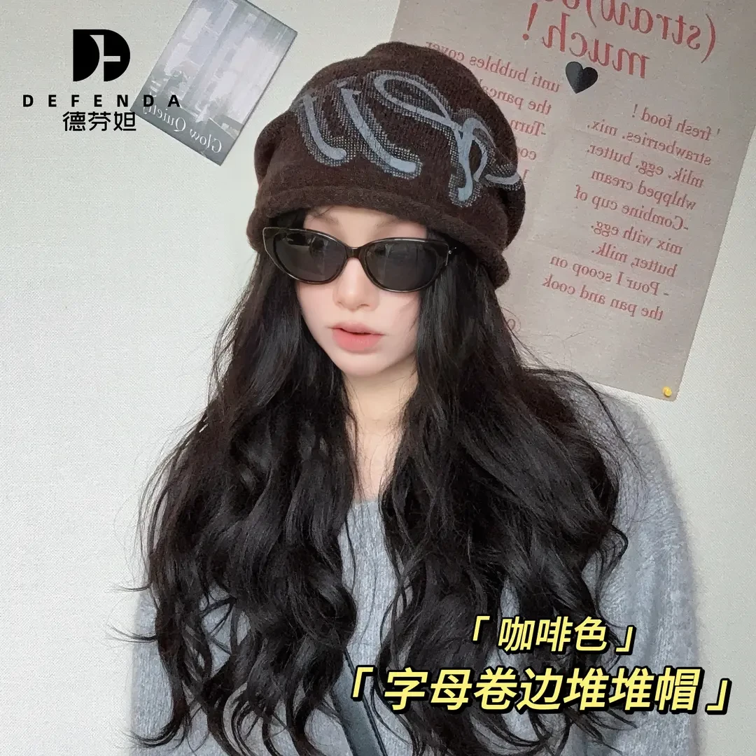 德芬妲帽子女秋冬美式复古百搭字母冷帽加厚保暖显脸小针织堆堆帽