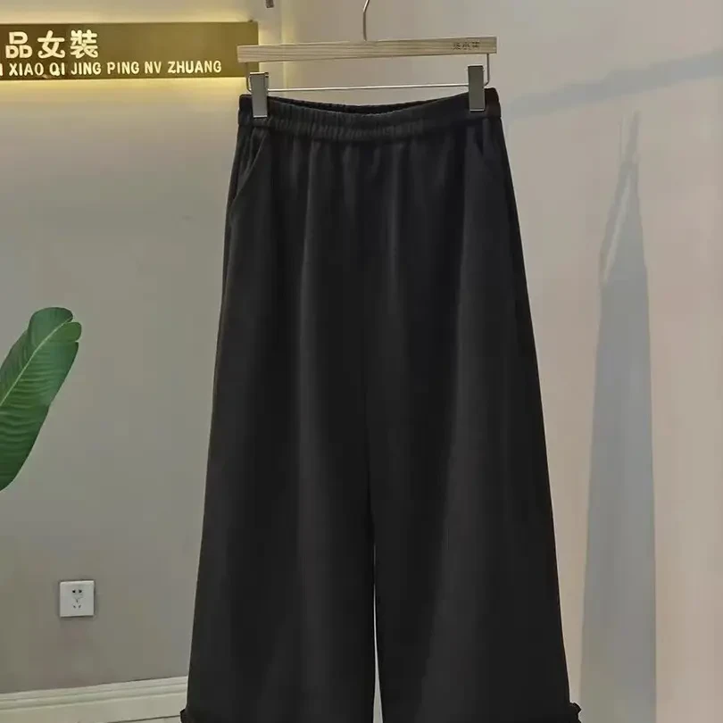 【MK1285】新款时尚休闲九分脚口花边毛呢阔腿裤遮胯显瘦