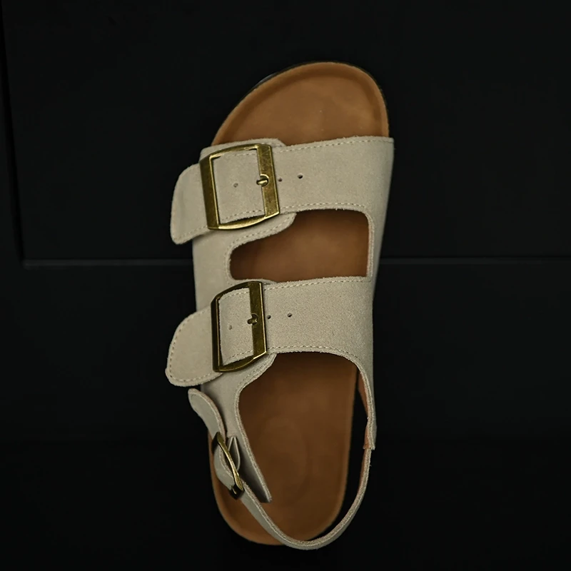 磨砂牛皮沙色厚底勃肯鞋女夏季凉鞋露趾勃肯凉鞋外穿真皮女鞋