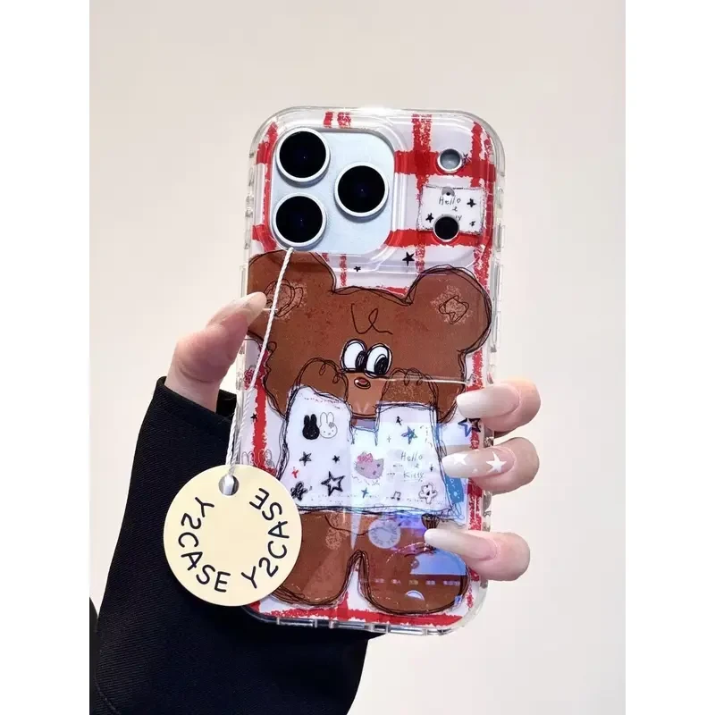 格纹涂鸦狗狗适用苹果17Promax大孔手机壳iPhone16/15硬14/13双层