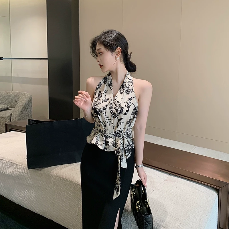 林关关【牧歌恋人】 法式雪纺印花无袖挂脖上衣春夏性感气质碎花T恤