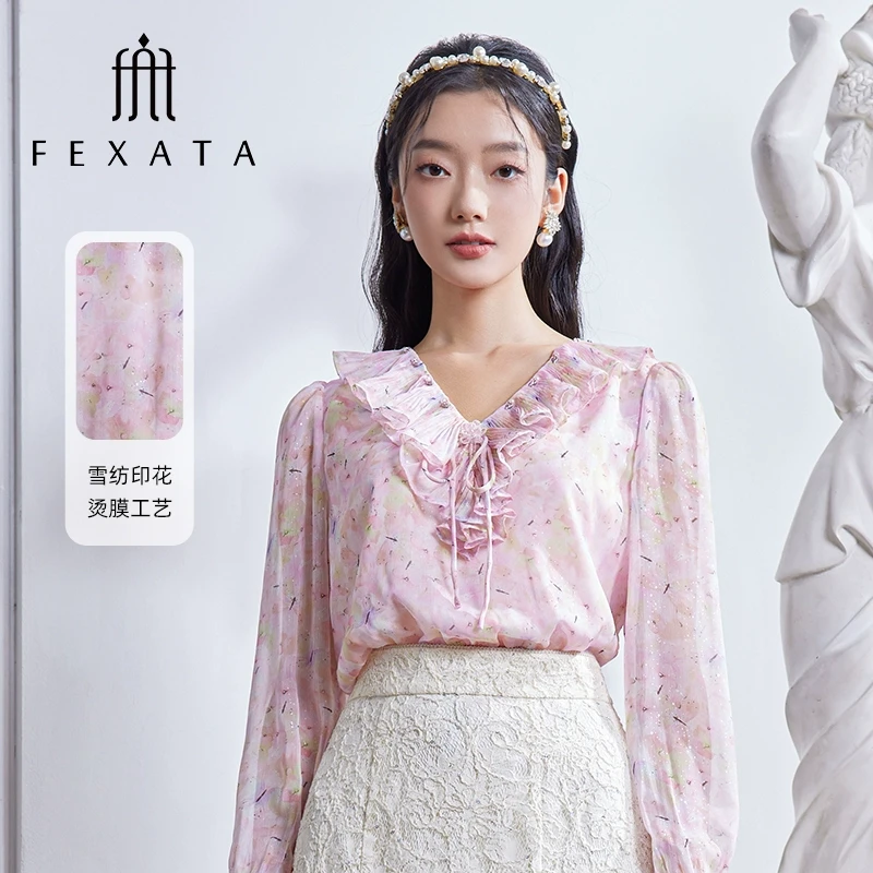 【黄蓉推荐】FEXATA斐格思荷叶边V领印花长袖轻薄雪纺衬衫