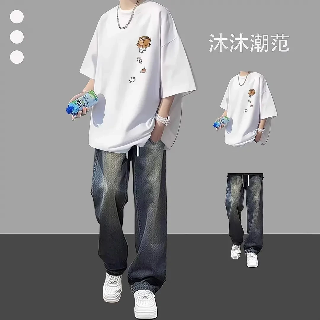 港风短袖T恤男套装夏季休闲宽松百搭时尚男装帅气体恤搭配牛仔裤