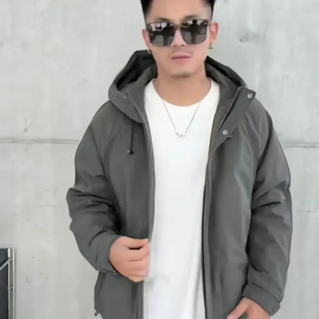 防风本布下摆防水连帽直下摆夹克带帽时尚冲锋衣加绒