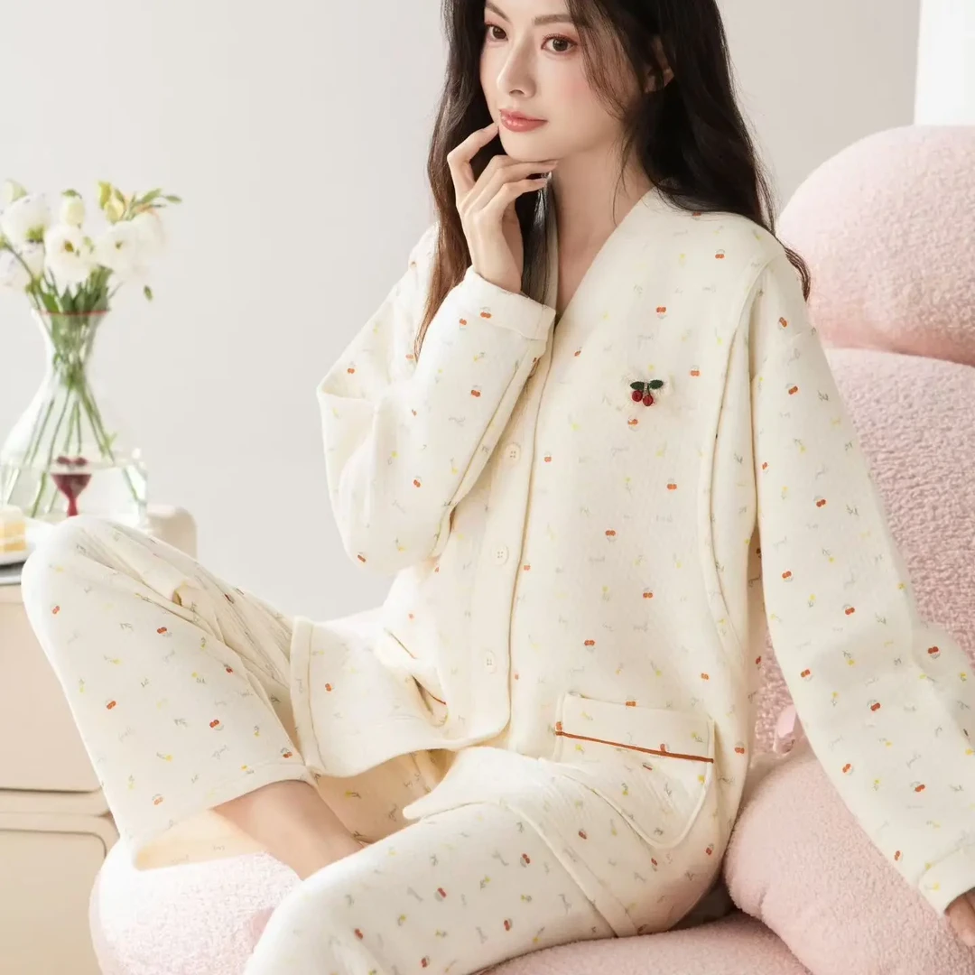 秋冬加厚空气棉V领孕妇待产哺乳月子服家居服