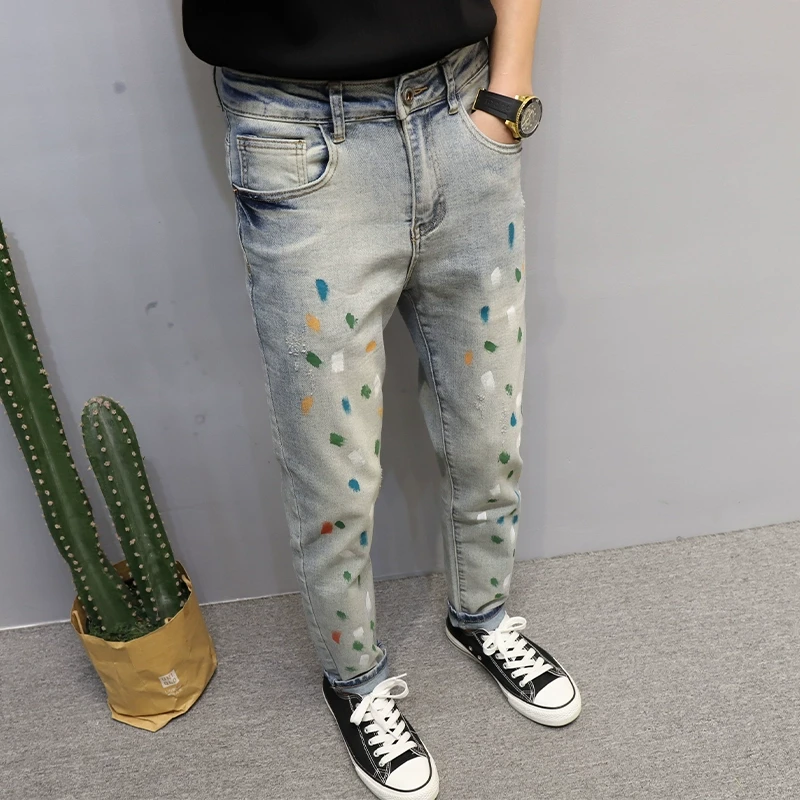 泼漆潮牌牛仔裤男长裤修身小脚2025春季韩版流行时尚浅蓝裤子四季