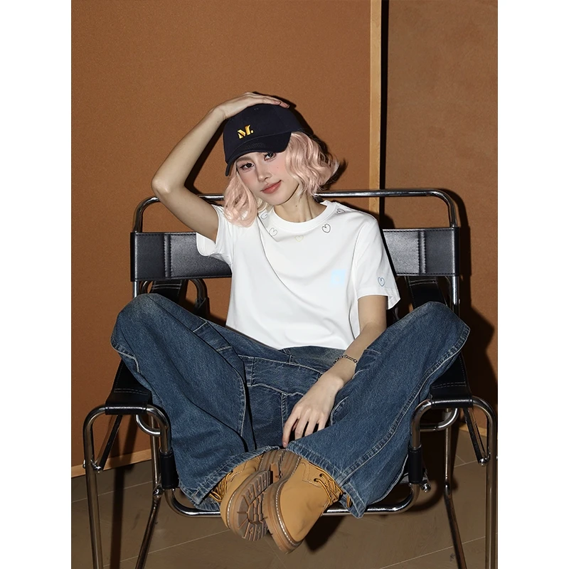 MANYSTON他集正肩短袖T恤女夏凉感百搭别致小衫修身显瘦体恤上衣