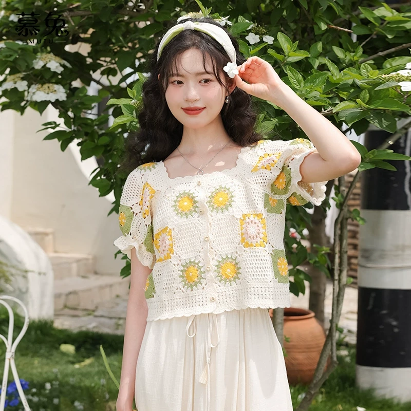 慕兔镂空短袖方领衬衫女2024夏季新款甜美设计感小众针织碎花上衣