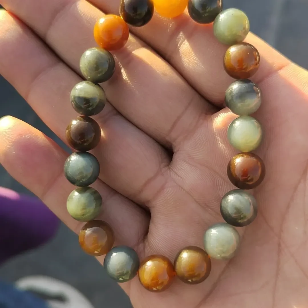 天然和田玉楼兰三色10mm单圈手串男女款中国风玉手串