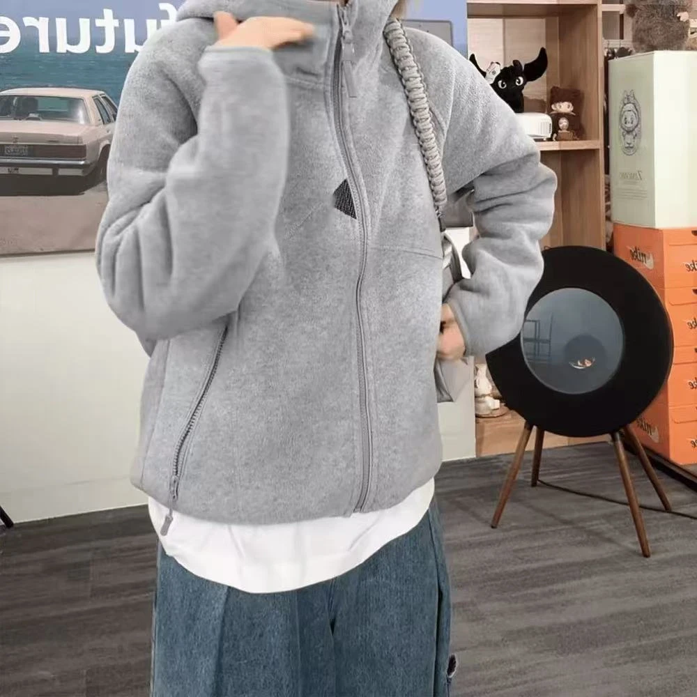 立体加绒秋冬保温摇粒绒时尚连帽情侣款半高领连帽开衫卫衣外套男