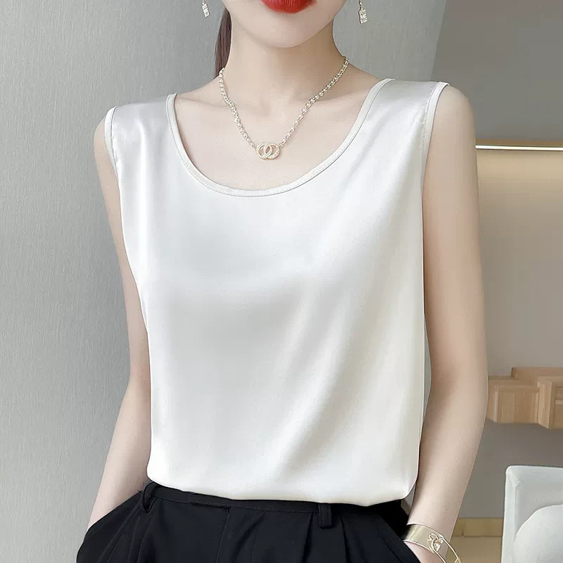 夏季真丝吊带背心女宽松圆领桑蚕丝外穿大码无袖缎面内搭打底上衣
