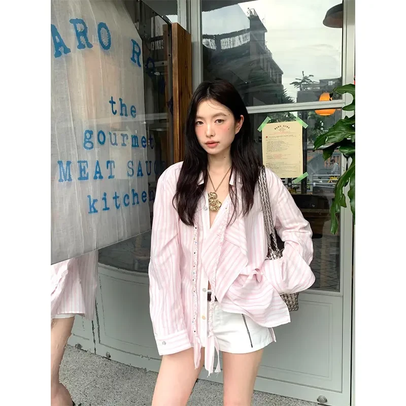 夏季薄款女生韩系ins衣服粉色条纹防晒长袖衬衫上衣显瘦休闲短裤