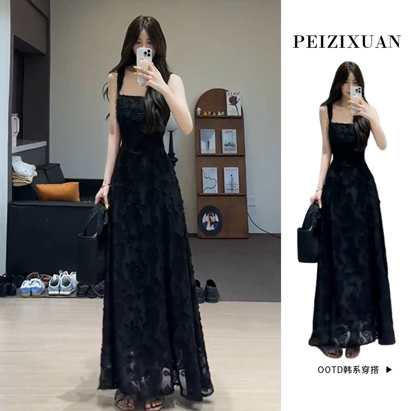法式赫本风黑色吊带连衣裙子女夏季2024新款海边度假气质显瘦长裙