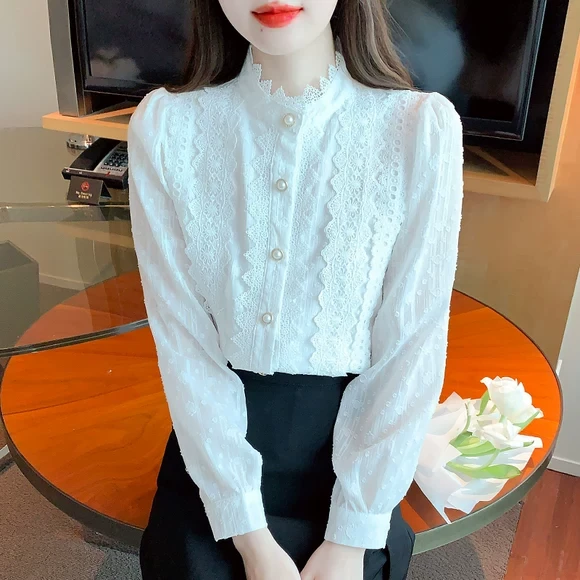 蕾丝打底衫女春秋季洋气内搭2025年新款高级感立领气质花边上衣女