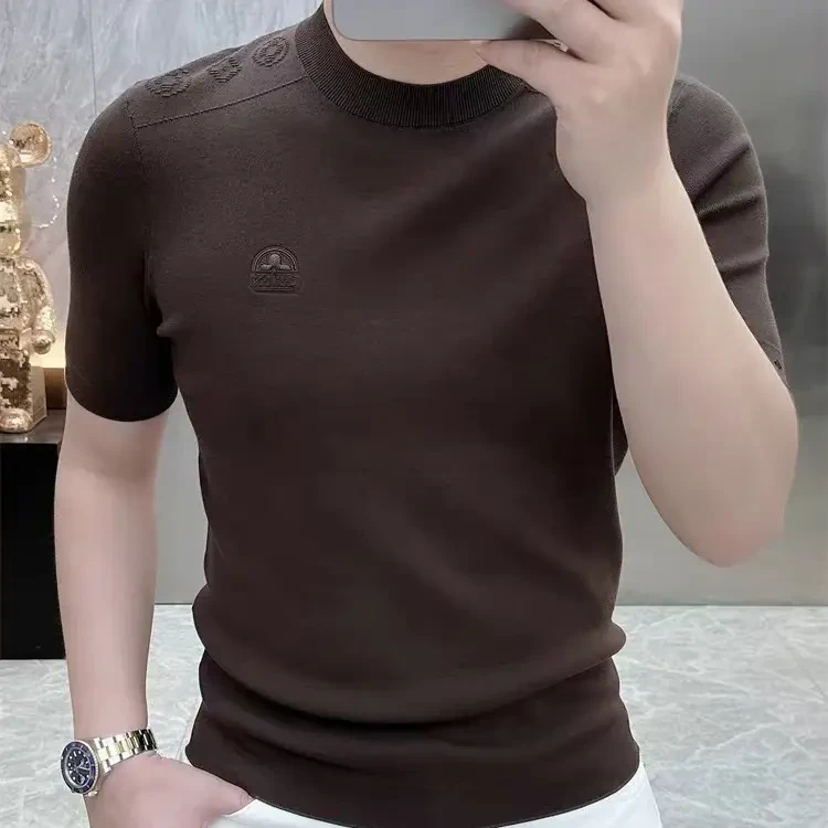 2025新款男士春夏季高品质冰麻针织时尚潮流圆领纯色短袖