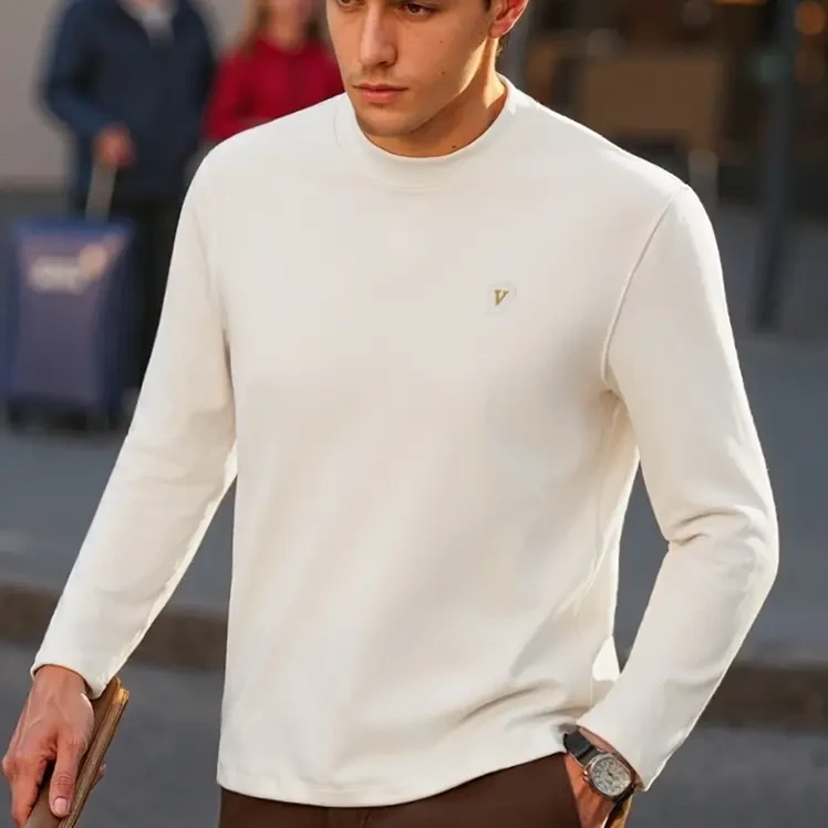 青少年山羊绒石墨烯V字刺绣男士打底衫秋冬套头百搭舒适保暖上衣