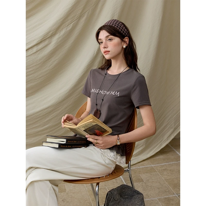 【艾美专属】谜秀芭蕾风刺绣T恤双层荷叶边拼接蕾丝短袖MXE33T0525