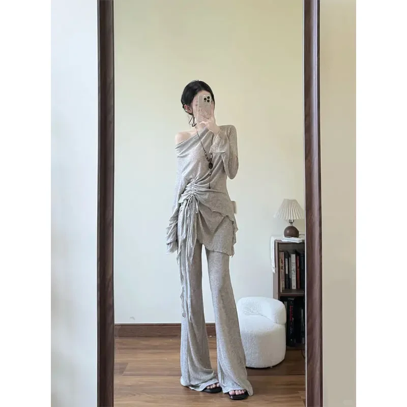 2025春夏季新款修身显瘦设计感斜肩上衣休闲宽松直筒长裤两件套女