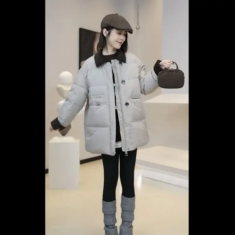 冬季时尚加厚中长款网红韩版棉服宽松立领拼接百搭休闲保暖翻领女