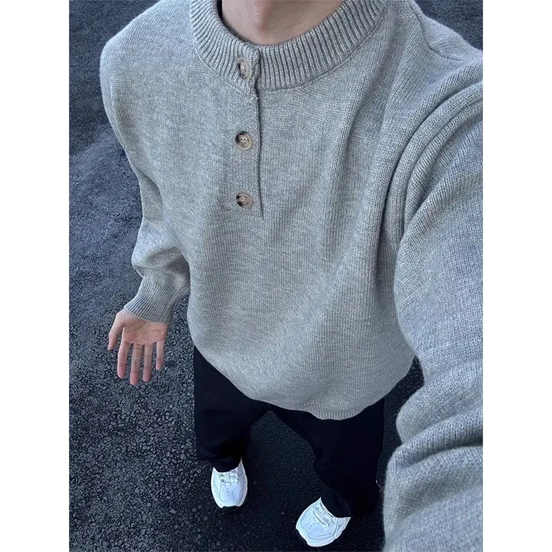 cleanfit灰色亨利领毛衣男款秋冬季美式潮牌慵懒风宽松针织衫外套