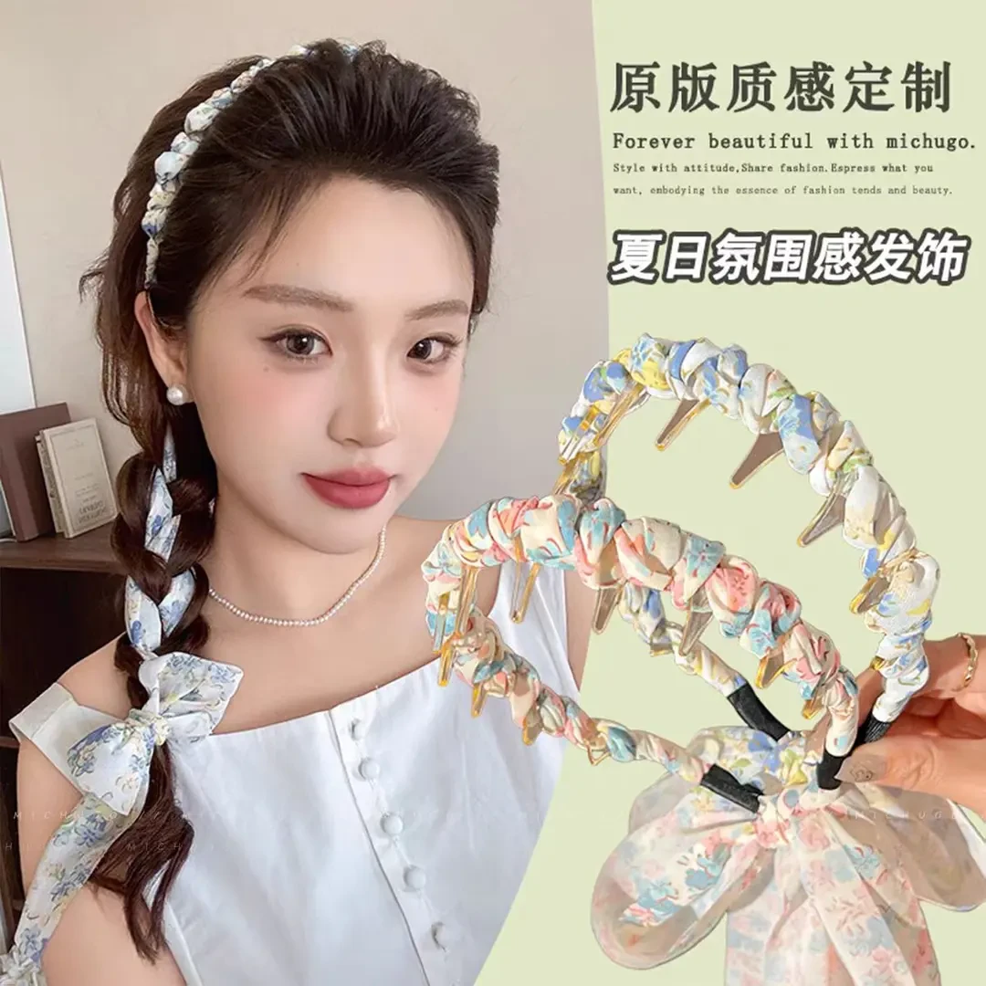 春夏碎花高颅顶发箍飘带绑发一体带齿头箍女日常外戴外出百搭发卡