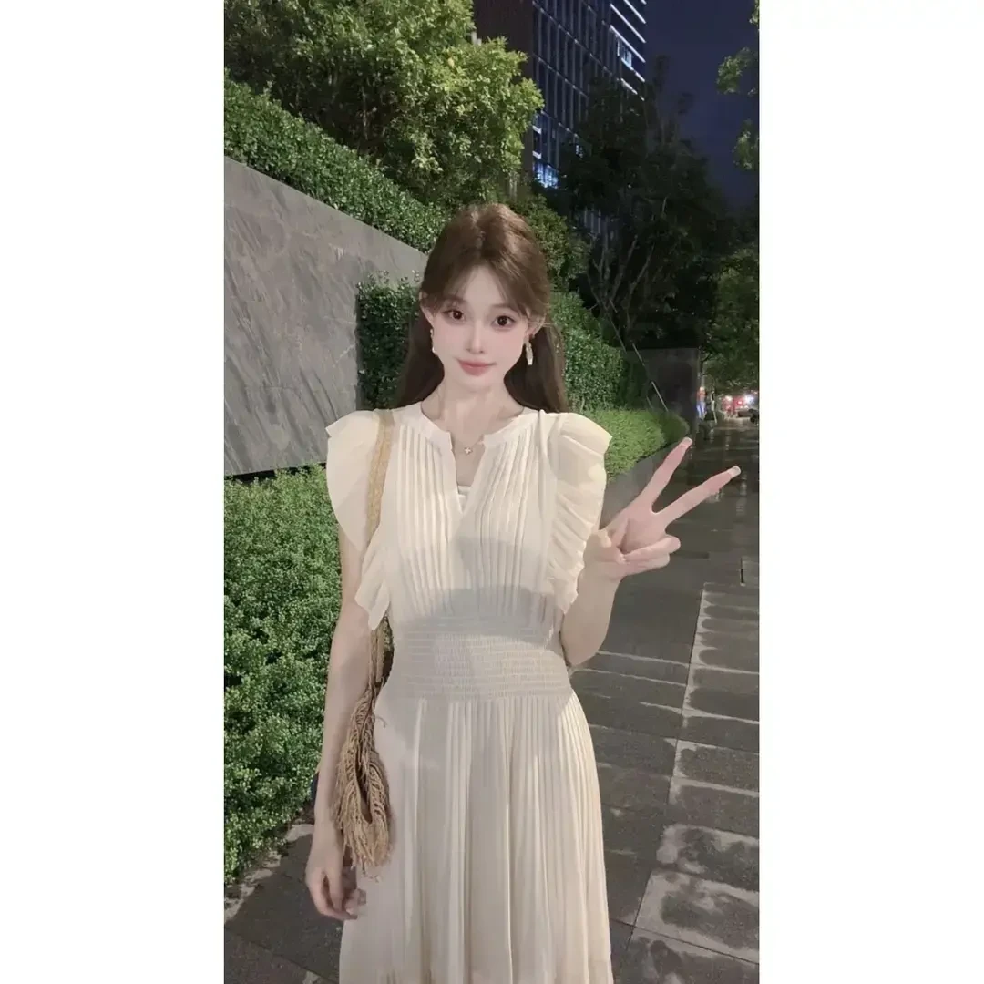 【松松衣橱专属】法式甜美风杏色小飞袖收腰显瘦夏季气质长裙连衣裙