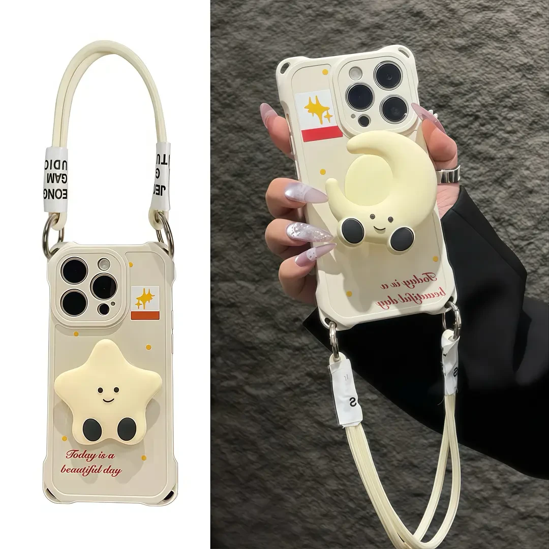 适用可爱星星月亮支架苹果16/15promax手机壳12苹果14/13软套手拎
