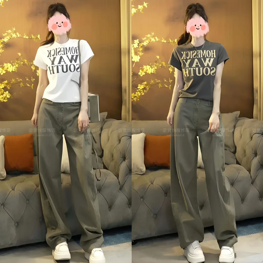 2025夏季简约印花字母圆领休闲短袖T恤上衣工装休闲裤气质套装女