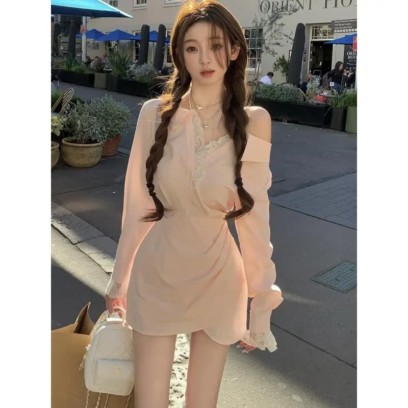 法式收腰衬衫短裙高腰连衣裙小众长袖包臀多巴胺服装女裙子