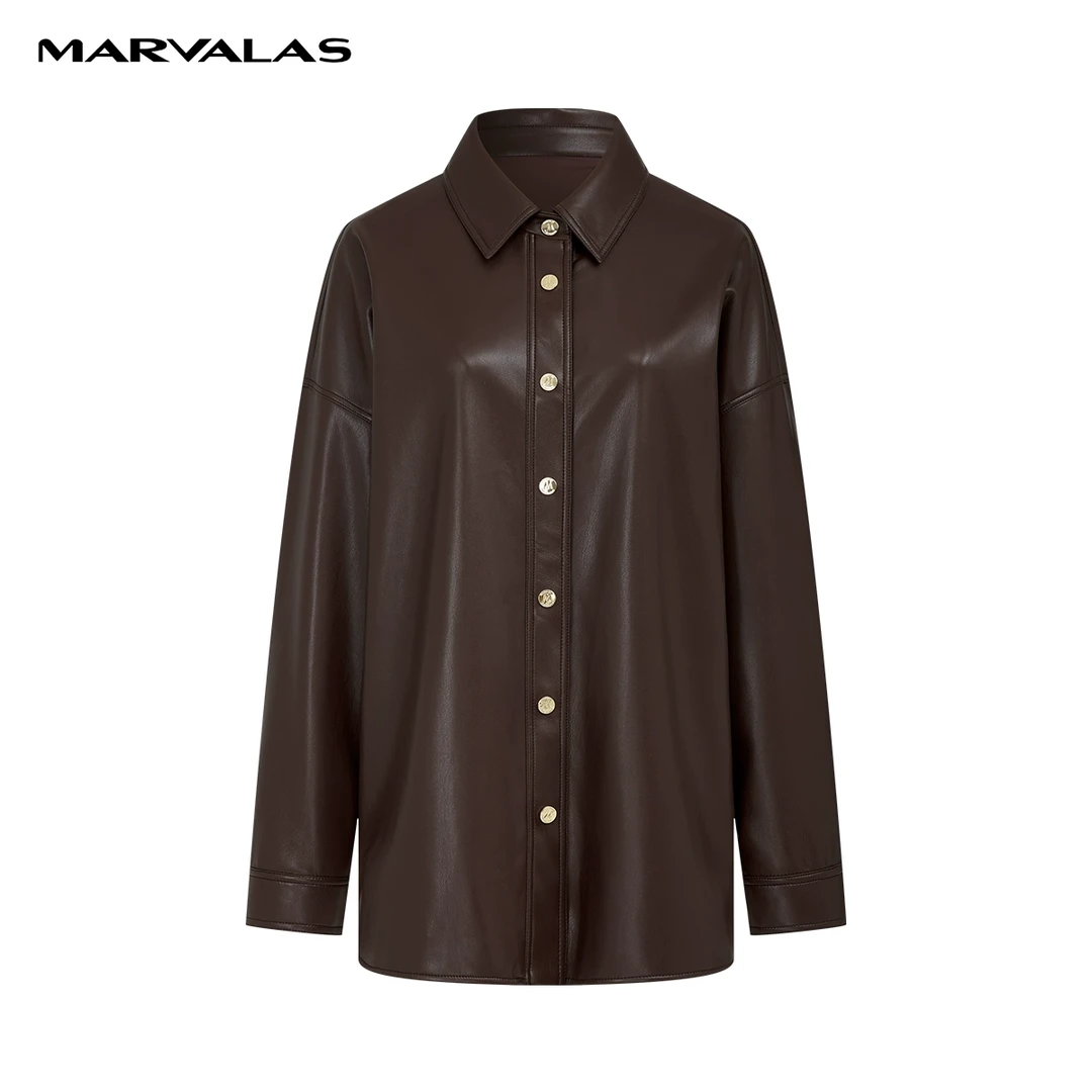 【商场同款】曼德诗皮质衬衫女秋冬新款纯色宽松抗皱衬衣M311306624