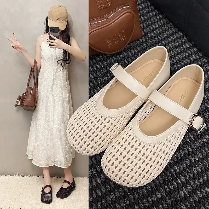 法式复古镂空玛丽珍鞋女2025年夏季新款网面一字带平底芭蕾舞鞋