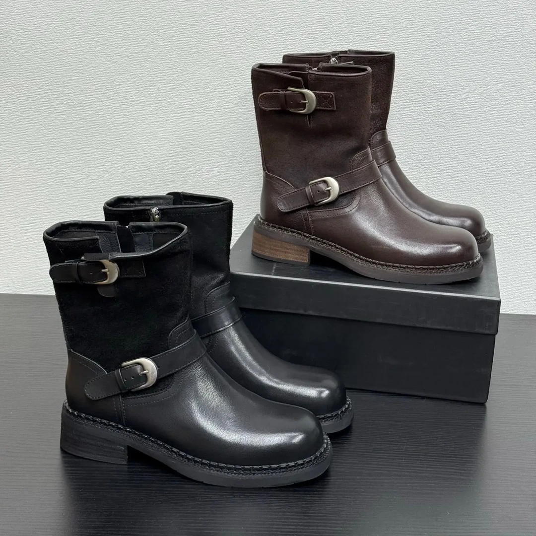 （东莞胖哥胖嫂）休闲法式时装靴黑色短靴复古港风侧拉链厚底真皮