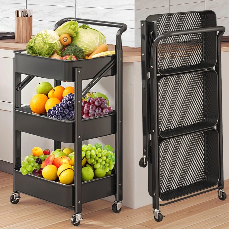 厨房折叠小推车家用置物架落地多层可移动多功能果蔬菜篮子收纳架