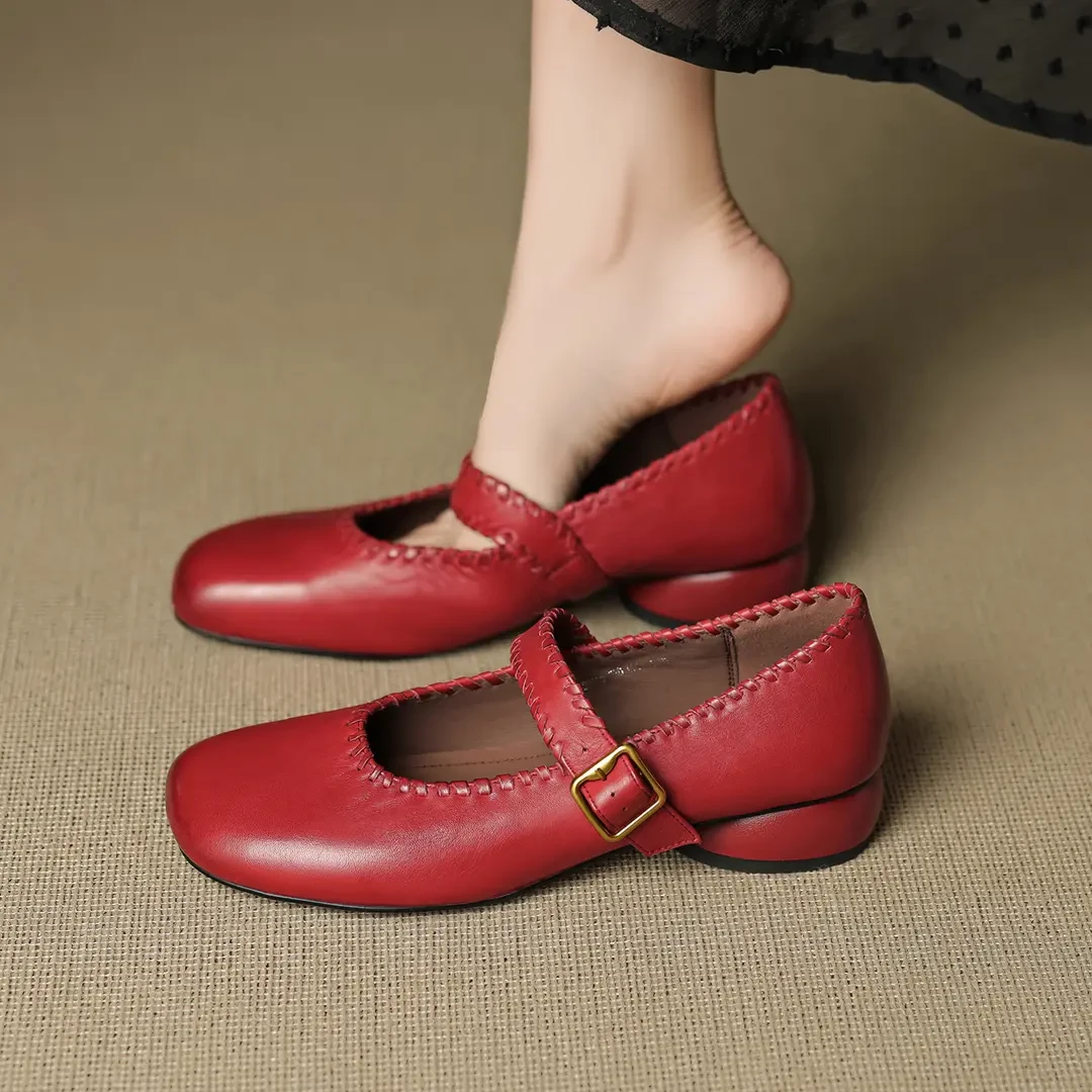 气质渔夫鞋3CM复古浅口搭扣胶粘百搭粗跟方头真皮黑色法式中跟