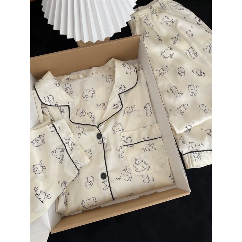 【小白兔】韩系缎面冰丝睡衣套装女春秋季2025新款亲肤舒适家居服