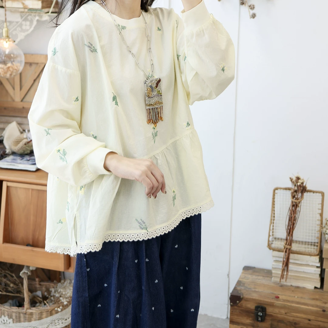 美村2025日系圆领绣花套头衬衣上衣春夏新款森女系甜美百搭