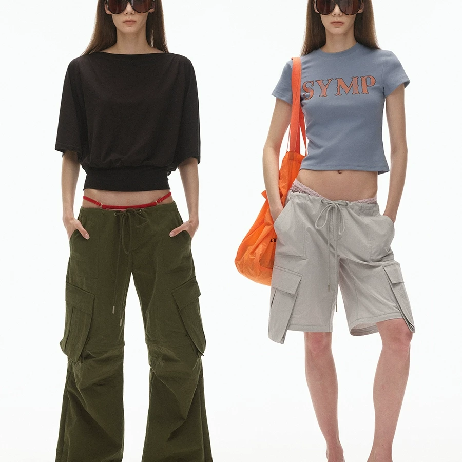 saumple study symp 可拆卸两穿低腰抽绳喇叭工装裤