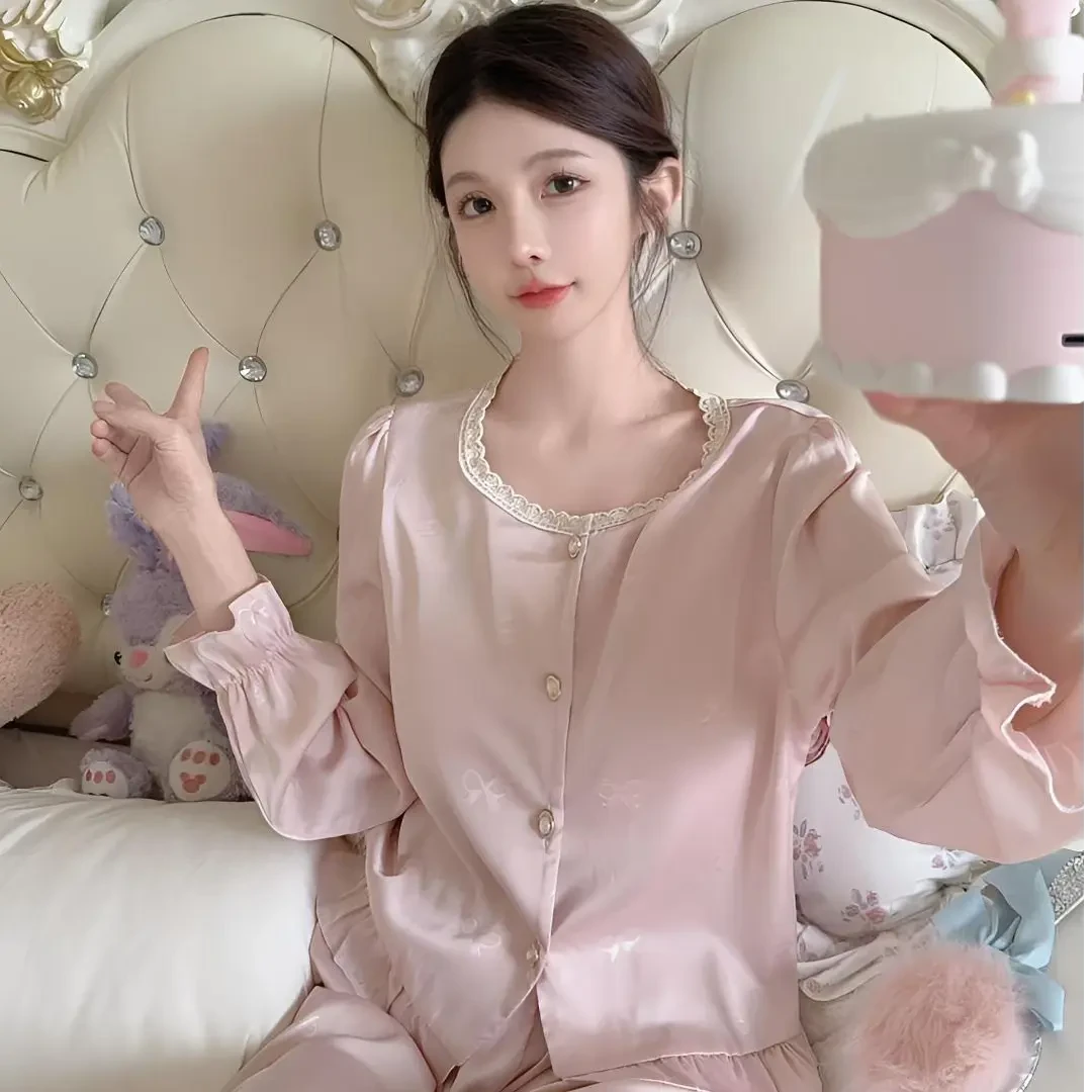 柔光软丝睡衣女春秋2025女款冰丝提花气质带胸垫新款甜美风家居服