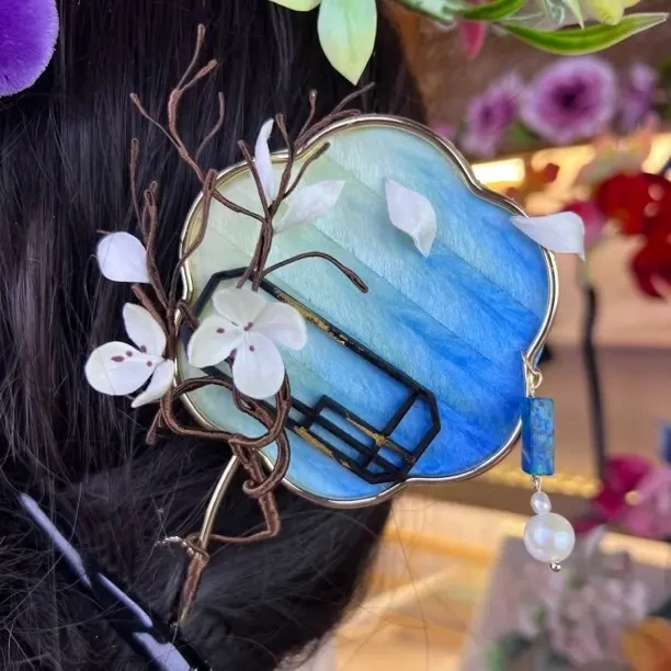 国风非遗绒花美娇娘 扇簪